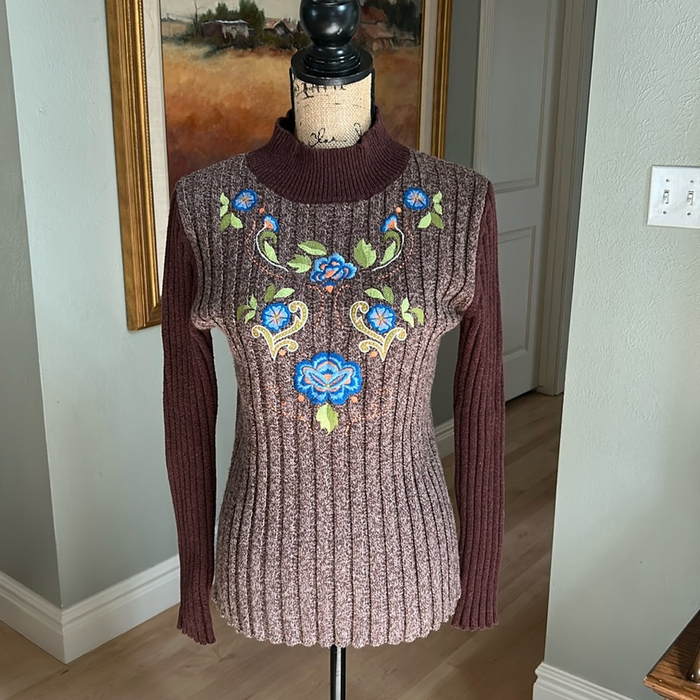 Sundance Catalog Embroidered Sweater, Brown Ribbed in Medium.